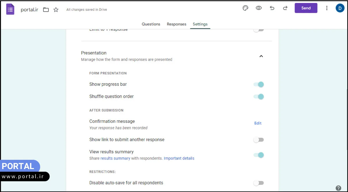 تنظیمات Presentation