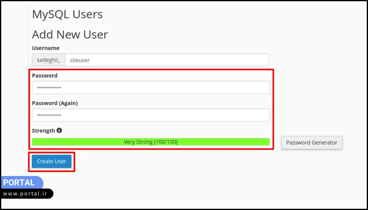 تکمیل فرم تعریف کاربر دیتابیس