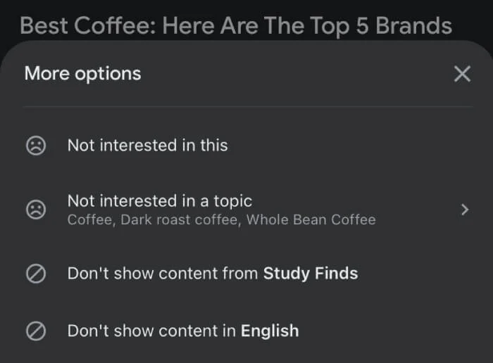 گزینههای Not Intrested گوگل دیسکاور