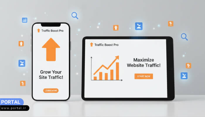 قطعات پازل که صفحات وب و تبلیغات نمایشی مختلف را نشان می‌دهند و در نهایت یک تصویر بزرگتر از موفقیت ترافیک می‌سازند.