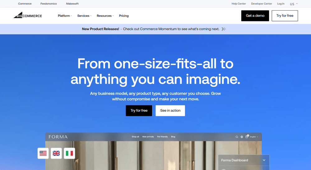 اسکرین‌شات از صفحه اصلی BigCommerce