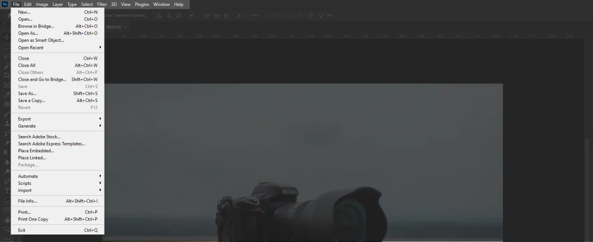 گزینههای منوی فایل در فتوشاپ