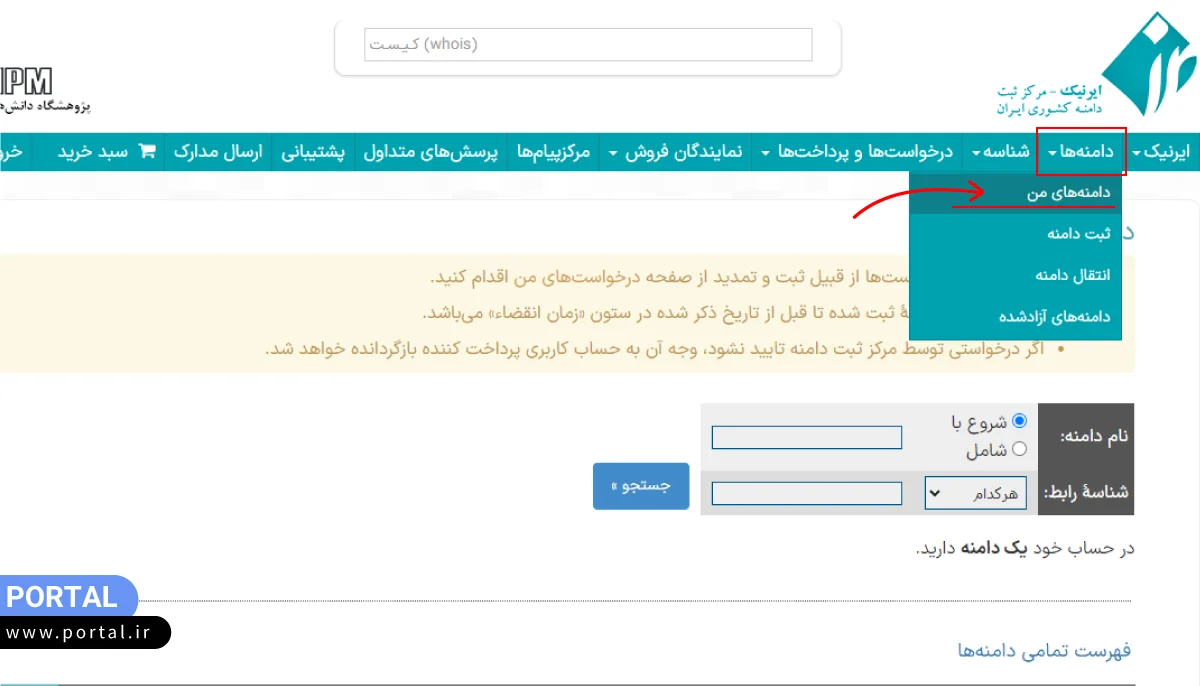 انتخاب گزینه دامنههای من در ایرنیک