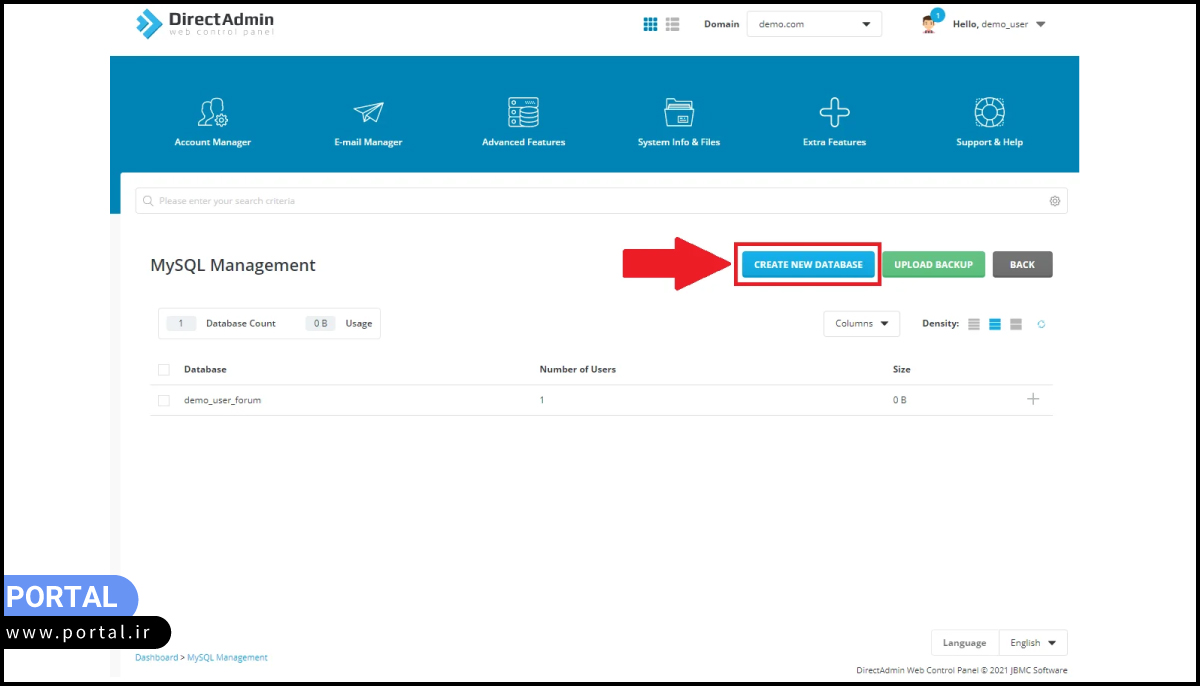 دکمه آبی رنگ Create New Database
