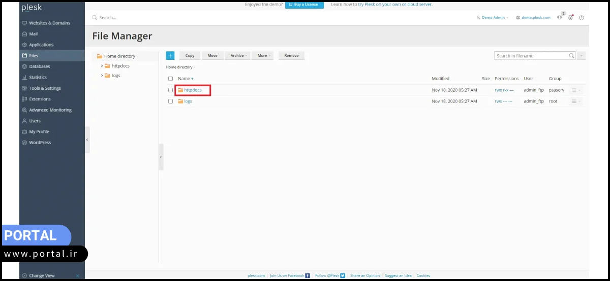ورود به فایل منیجر پلسک و کلیک روی پوشه httpdocs