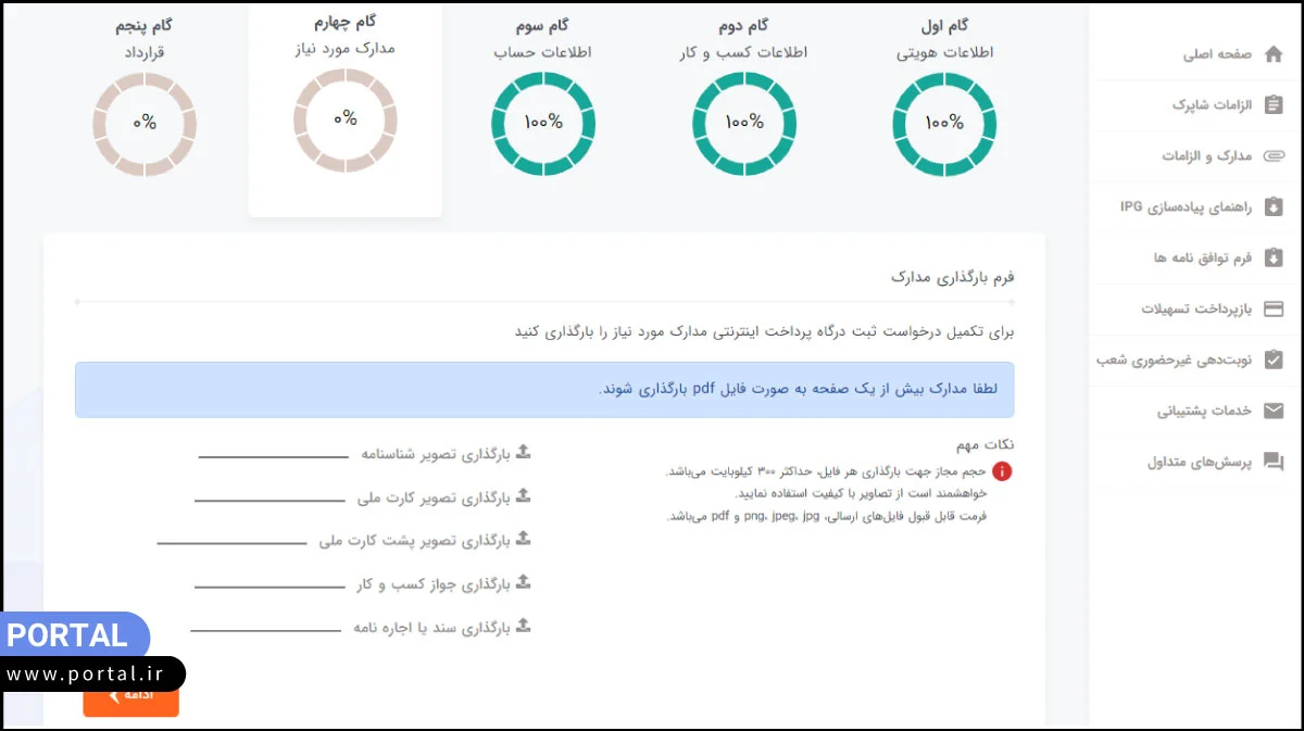 آپلود تصویر مدارک متقاضی درگاه پرداخت