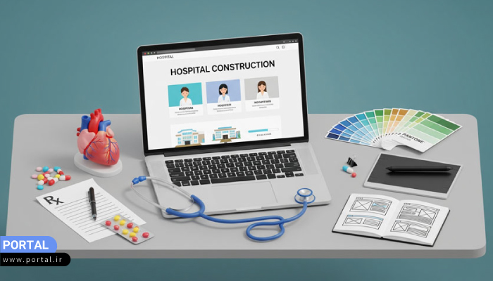 تصویری از سایت یک بیمارستان روی لپ تاپی که کنار آن تجهیزات پزشکی قرار دارد
