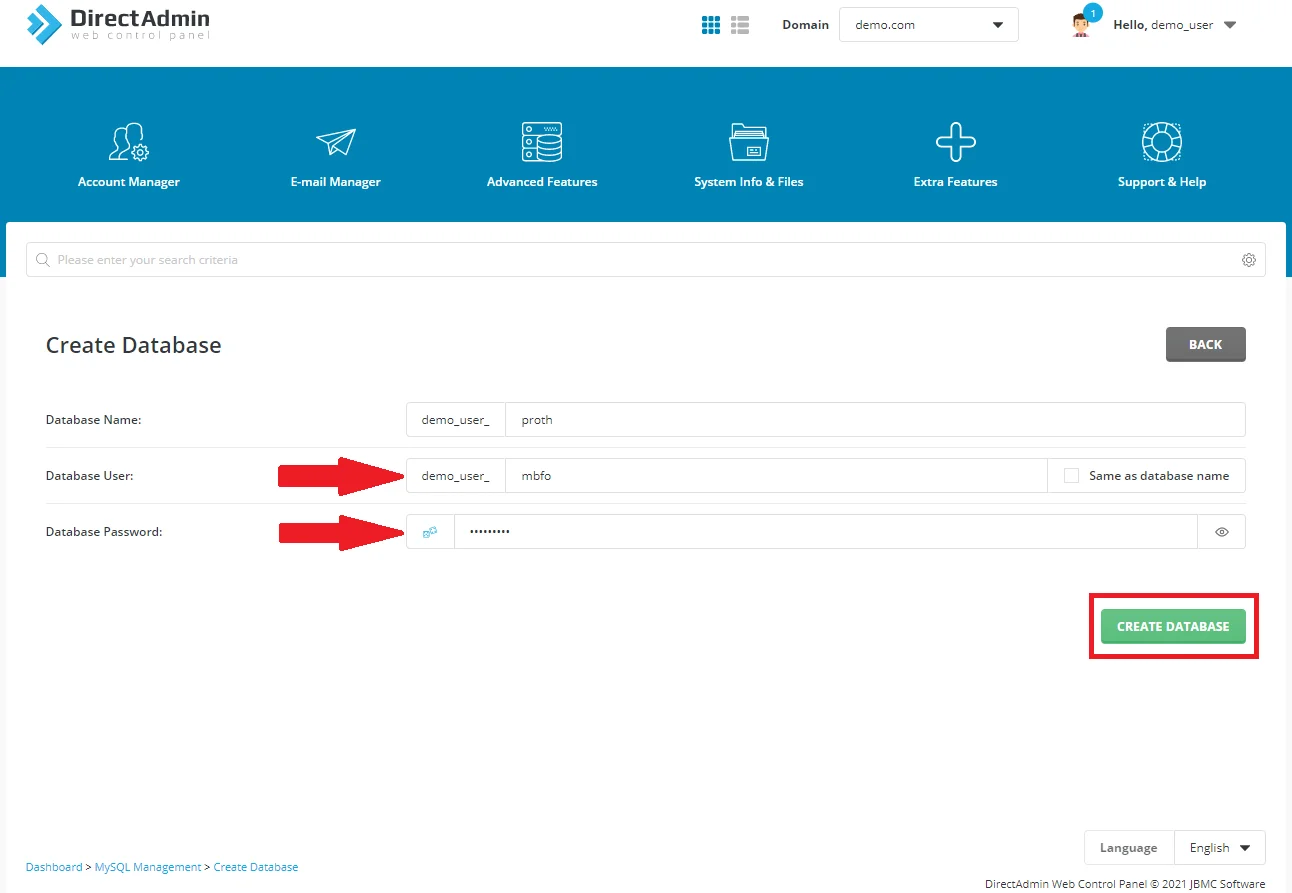 تنظیمات پایگاه داده در دایرکت ادمین